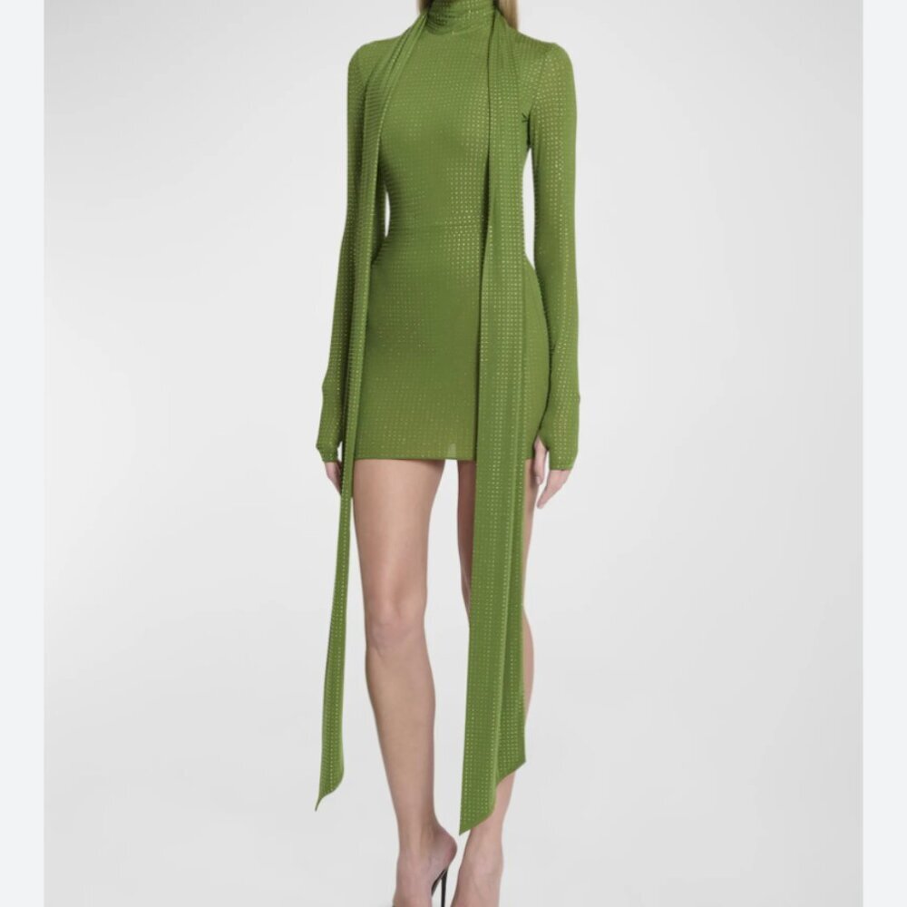 Alex Perry Fern Green Crystal Embellished Long-Sleeve Scarf-Neck Mini Dress - Picture 3 of 9
